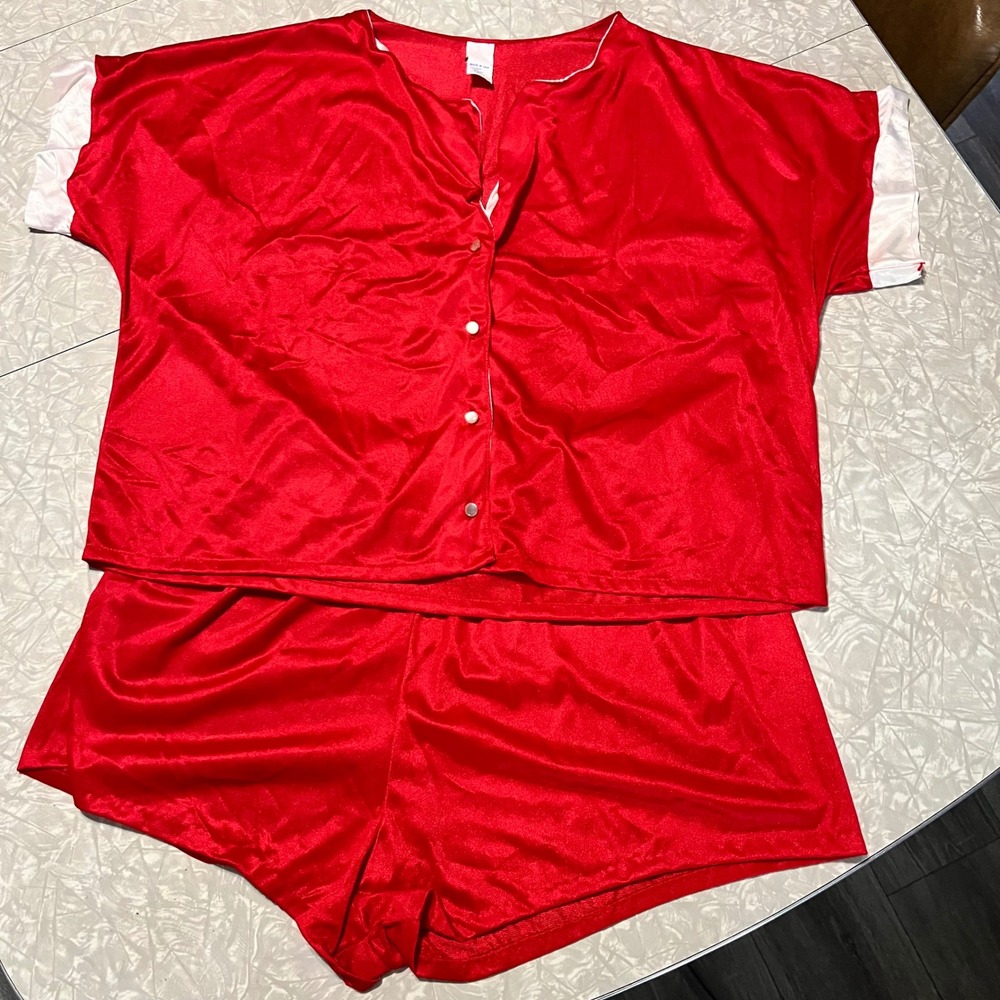 Vintage Fantasy Nightwear Red Nylon Pajama Set Shorts Button Top Made in USA L